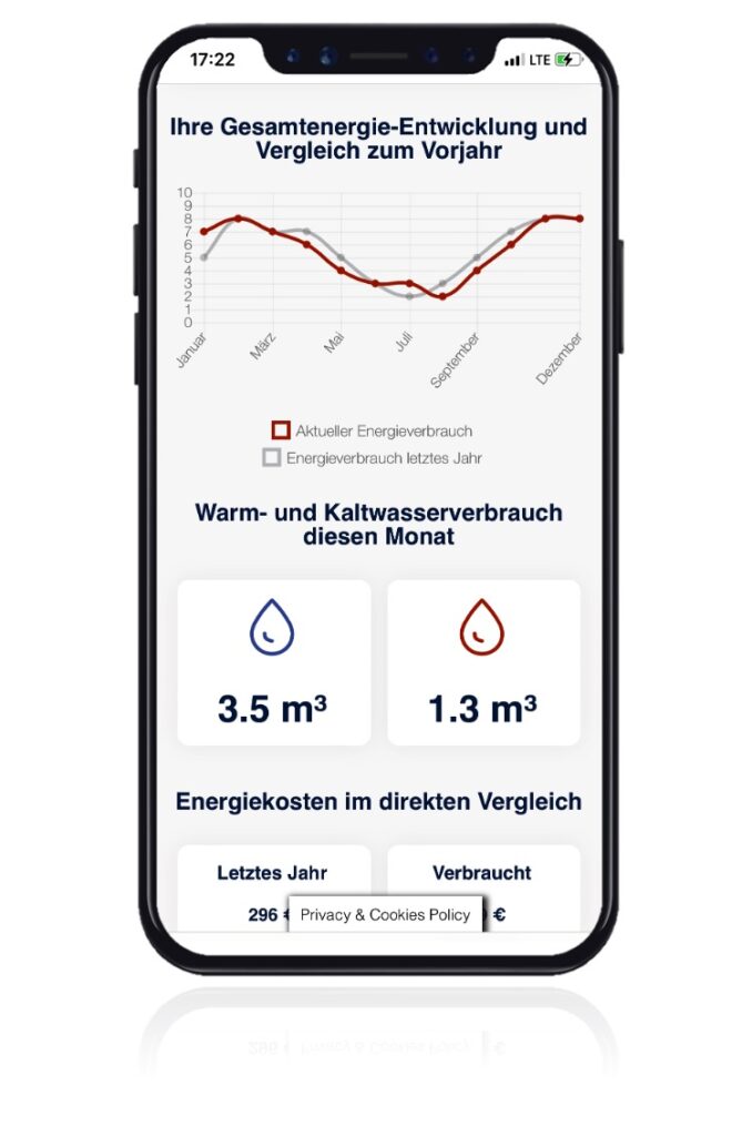 Online Zählerstand einsehen und Verbrauch der Heizkosten überprüfen. Iphone mit App zur Ansicht des Wasserverbrauchs und der Wärmeenergie in der Wohnung.